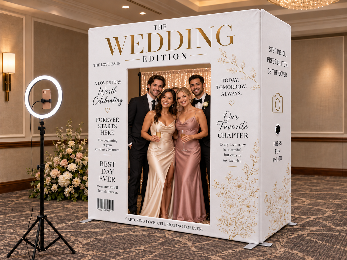 Concept mockup of four guests posing together in the ivory Wedding Edition booth