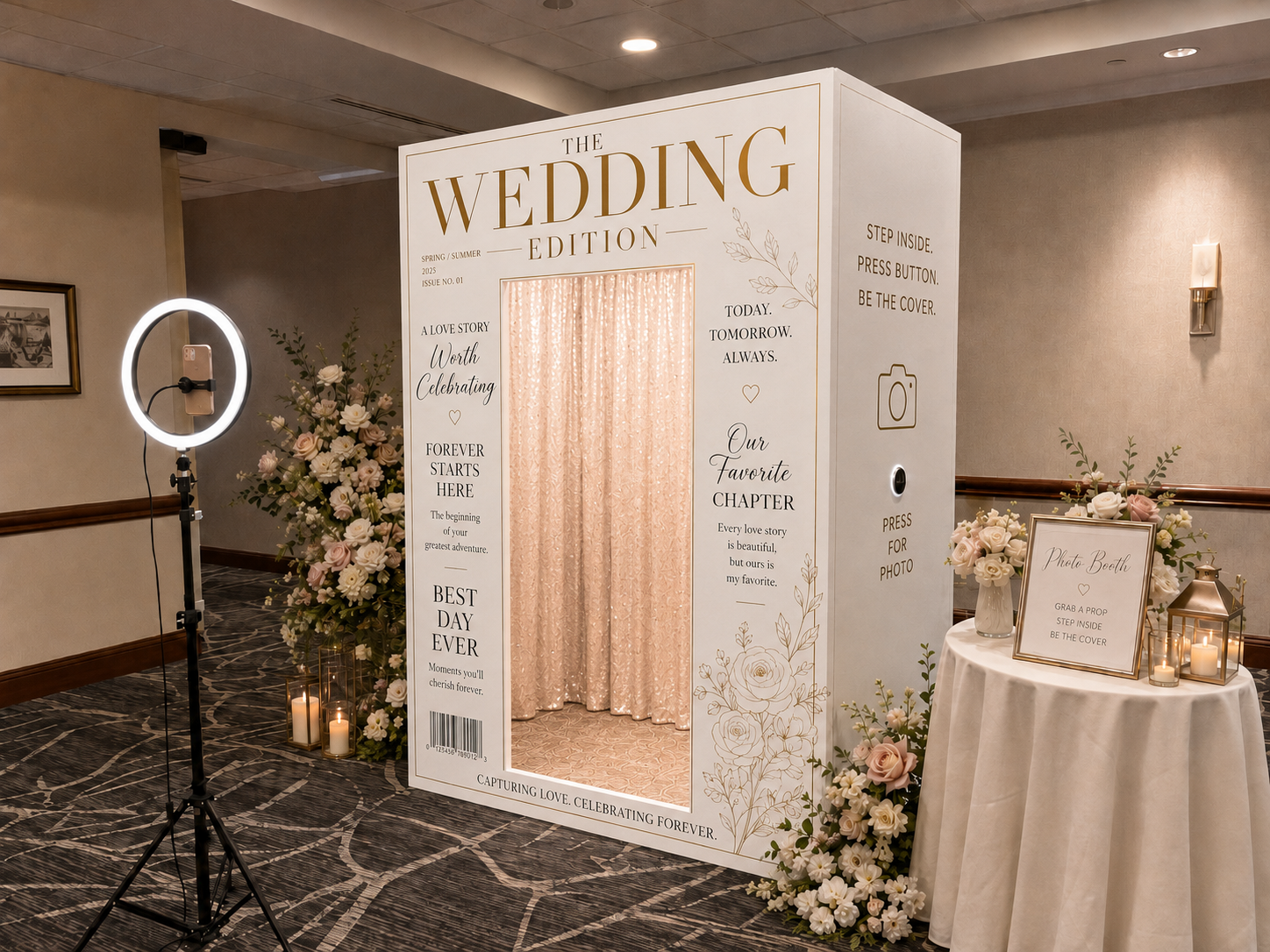 An elegant wedding magazine-cover booth with floral styling and soft lighting